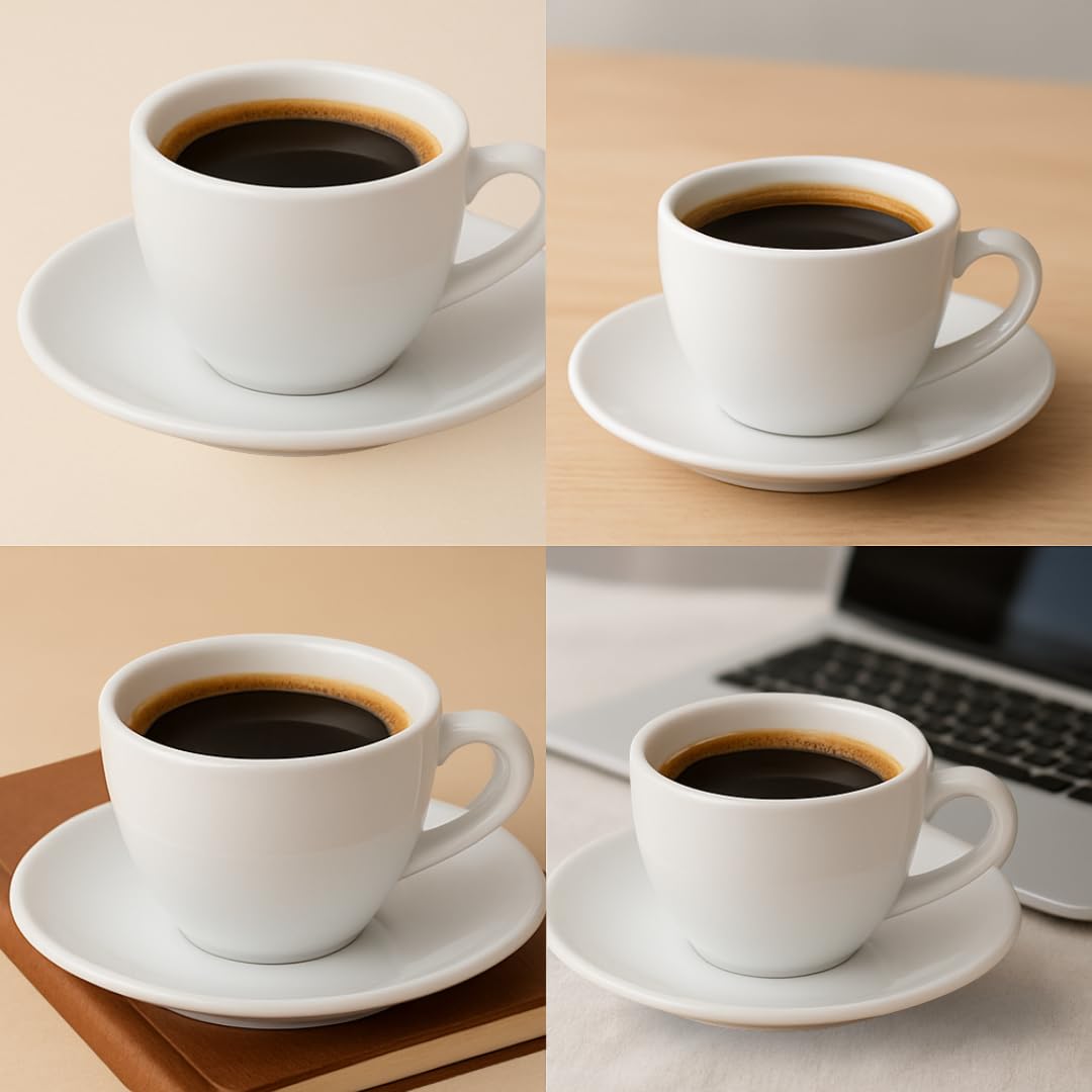 Generico Set 6 Tazzine da Caffè con Piattino 90 ml in Ceramica Bianca – Design Elegante, Ideali per Espresso, Bar e Casa – Lavabili in Lavastoviglie