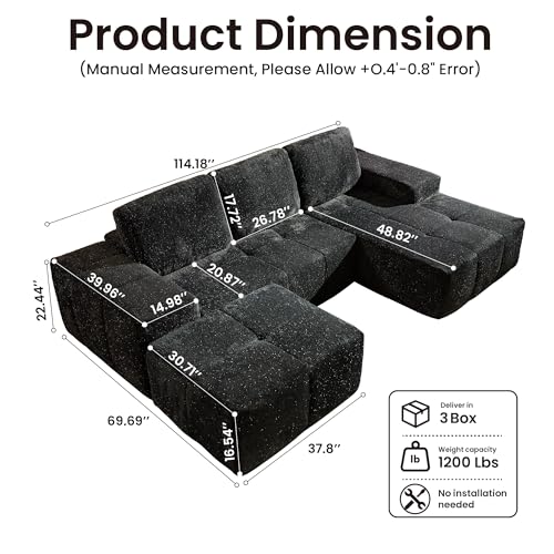 Image of 114 inch Glitter Cloud Sectional Couch with L-Shape Chaise & Ottoman, Modern Boneless Couches for Living Room, Fluffy Tufted Deep Seat Modular Sofa No Assembly (Gray Sparkly Velvet,Right Facing)