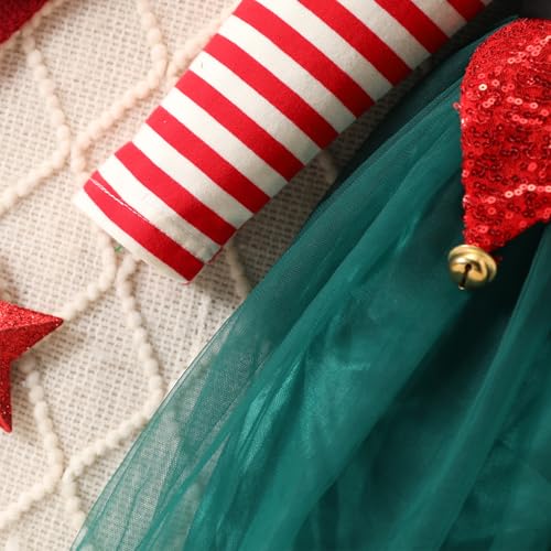 Toddler Little Girl Christmas Outfits Striped Long Sleeve Velvet Dress Jingle Bells Tulle Mesh Dress with Headband4