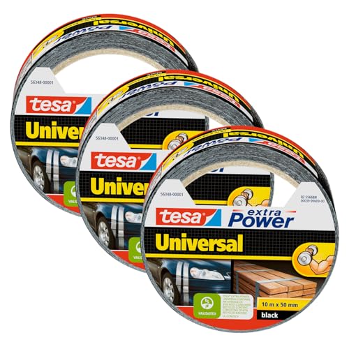 tesa Cinta Adhesiva Universal Extra Power - Celo Adhesivo con Fijación Extra Fuerte - Cinta Multiusos Versátil para Reparaciones, Fijación, Sellado y Más - Negro - 3 Rollo - 10 m x 50 mm