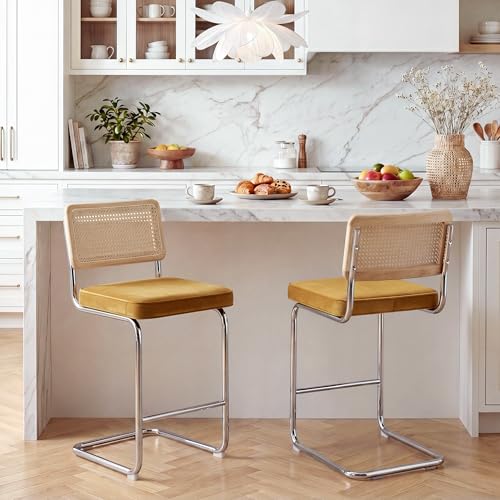 Image of Zesthouse Natural Rattan Counter Stools Set of 3, 26 inch Mid Century Modern Bar Stools with Solid Wood Frame & Chrome Base, Upholstered Velvet Counter Height Barstools for Kitchen Island, Yellow