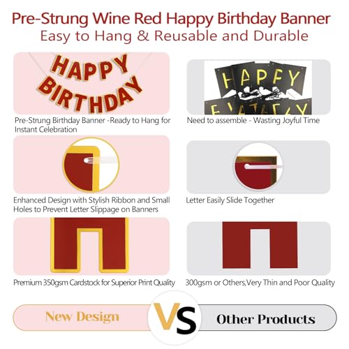 Image of Pre-Strung Happy Birthday Banner - Wine Red Party Decorations
