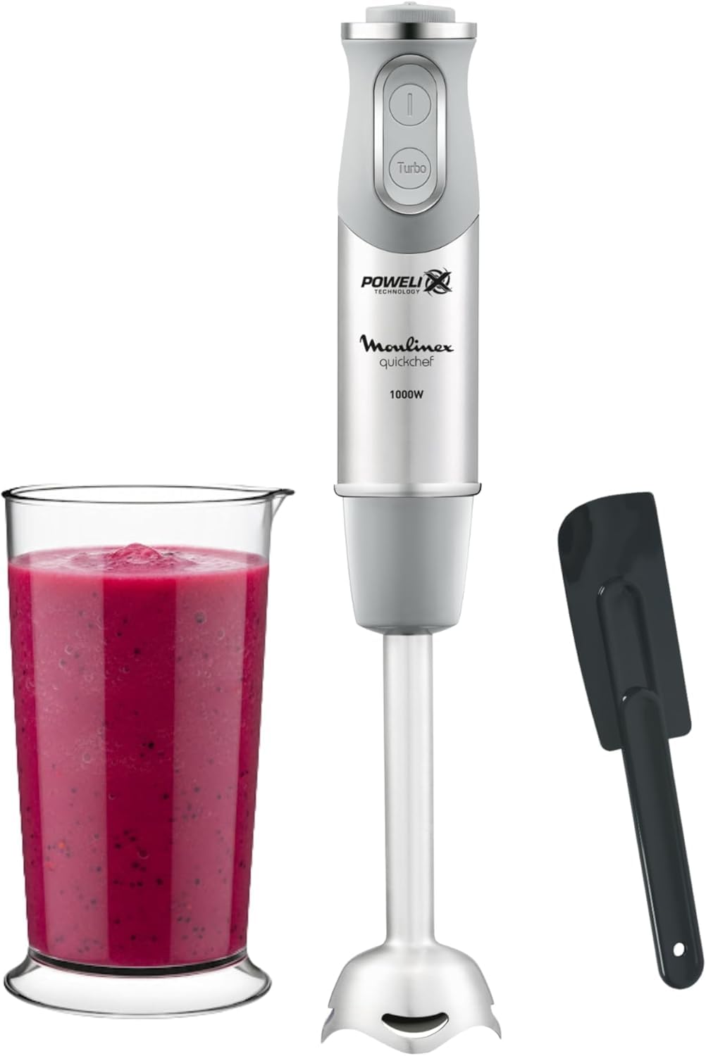 Moulinex Quickchef, Batidora de mano + Espátula, Pie metálico, 1000 W, 10 velocidades, Vaso medidor 800 ml, cuchillas Powelix, Gris DD65ADES