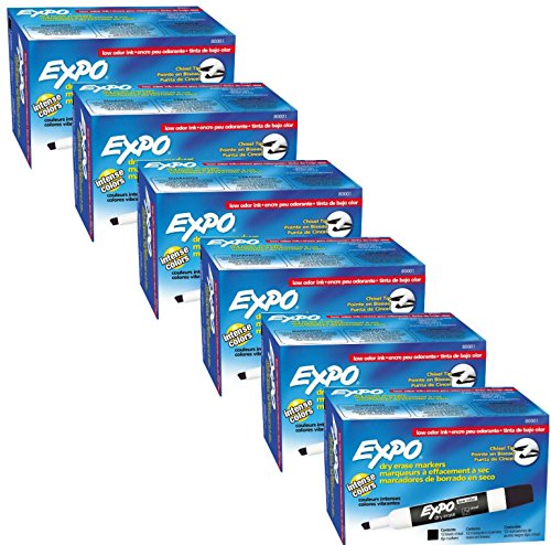 EXPO 80001 Low Odor Chisel Point Dry Erase Markers, Low Odor Alcohol-Based Ink, Designed for Whiteboards, Glass and Most Non-Porous Surfaces, Black, 12 Units per Box, Pack of 6 Boxes, 72 Markers Total