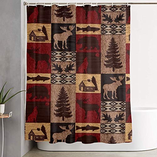 Lodge Bear Deer Fish Shower Curtain Polyester Fabric Waterproof Bathroom Decor Set Washable with 12 Hooks, 60 X 70 Inch