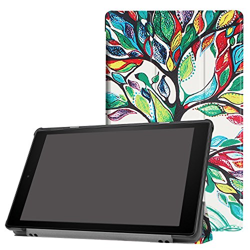 【PCATEC】 Fire HD 10 タブレット (Newモデル) 専用マグネット開閉式 スタンド機能付き 三つ折 カバー 薄型 軽量型 スタンド機能 Amazon Fire HD 10 PUレザーケース (花の木)