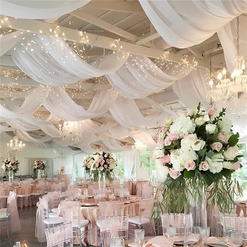 Mateju Lot de 4 Tenture Mariage Plafond Voilage Blanc Decoration Plafond Mariage Tulle Rideaux de Plafond en Mousseline de Soie pour Mariage, Arche, Fête,...