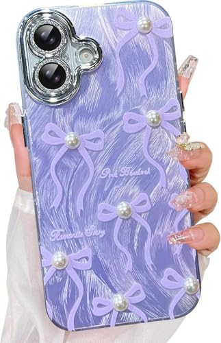 Image of VONZEE Compatible with iPhone 17 6.3'' Case Luxury Pink Girly Cute 3D Bow Pearl Glitter Bling Case with Full Camera Protection Shockproof PC+TPU Glossy Shiny Cover for Girls Women, Purple