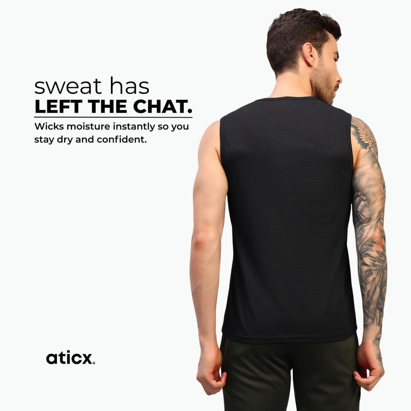 Image of ATICX Men's Slim Fit Sleeveless Sports T-Shirt - Gym Vest, Quick Dry Breathable Training Tank Top for Workout, Running, Cycling, Badminton, Basketball & Swimming Training Wear