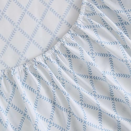 Image of Martha Stewart - Queen Size Sheet Set, Crisp & Tailored Sheets with a Smooth Cotton Percale Feel - Striped Bed Sheets with Matching Pillowcases & Fitted Sheet (Leaf Trellis Blue)