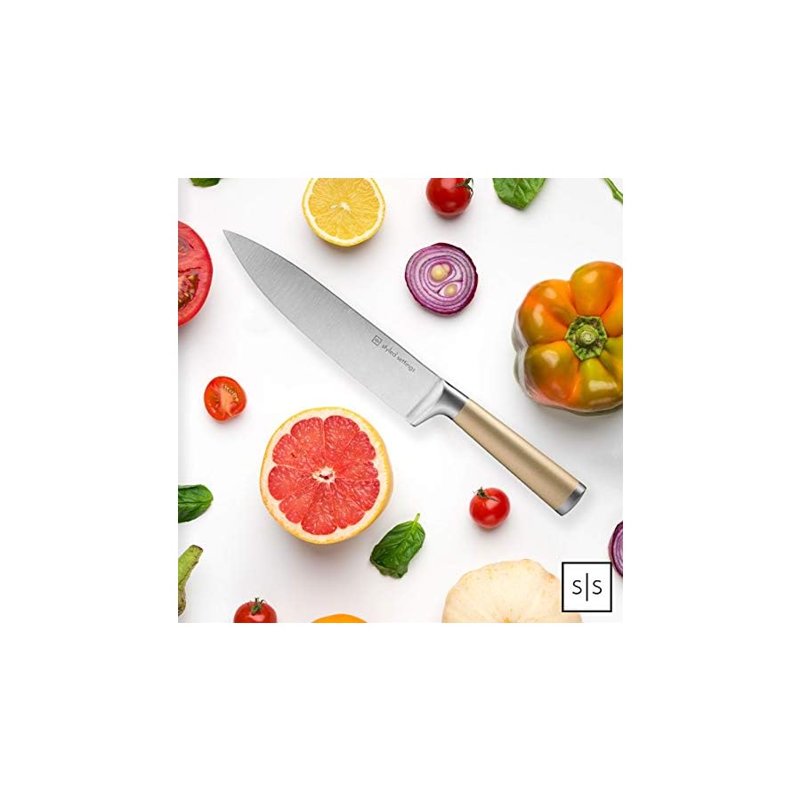 Gold Knife Set with Walnut Block – 13-Piece Full Tang Stainless Steel Kitchen Knives – Durable Gold Kitchen Accessories for Cooking and Food Prep