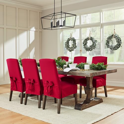 Image of SureFit Cove Cotton Canvas Short Dining Room Chair Covers, Dining Chair Cover with 6 Inch Skirt, Removable and Machine Washable, Set of 2 Dining Chair Covers, Claret