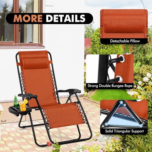Image of Giantex 2 PCS Zero Gravity Chair, Outdoor Chaise Lounge with Cup Holder, Patio Folding Chairs Recliner for Yard Pool Lawn Balcony, Orange