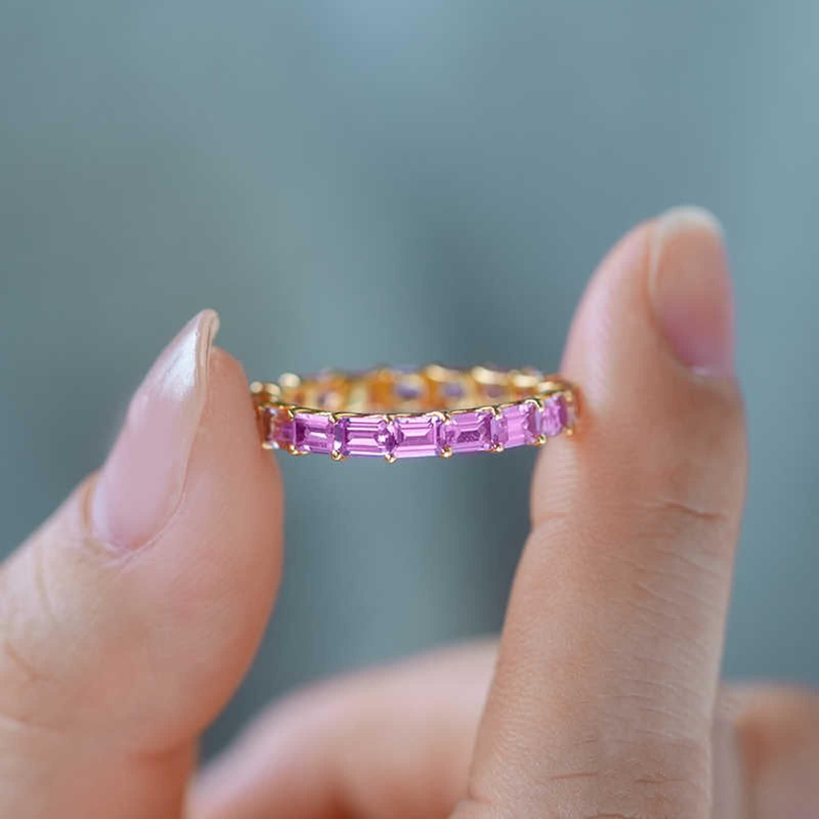 KnSam Anello di fidanzamento in oro giallo 9 K/14 K/18 K, 2,79 carati, con zaffiro rosa, classico taglio rettangolare rosa, anello Au750/585/375 oro, misura 47-70