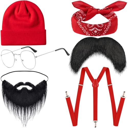 6Pcs Halloween Mens Costume Mens Comedy Costume Funny Cosplay Costume Accessories with Glasses Red Bandana and Beanie hat Red Y-Shape Suspender Fake Mustache for Cosplay Dress Up Party