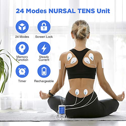 NURSAL 24 Modes TENS Unit Muscle Stimulator with Continuous Stimulation, Rechargeable Electronic Pulse Massager with 8 Pads for Back and Shoulder Pain Relief and Muscle Strength