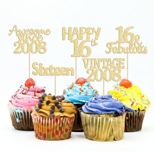 Gyufise 30Pcs Happy 16th Cupcake Toppers Glitter Fifteen Vintage 2008 Cupcake Picks Cheers to 16 Years Birthday Cake Decorations for Happy 16th Birthday Anniversary Party Supplies Gold