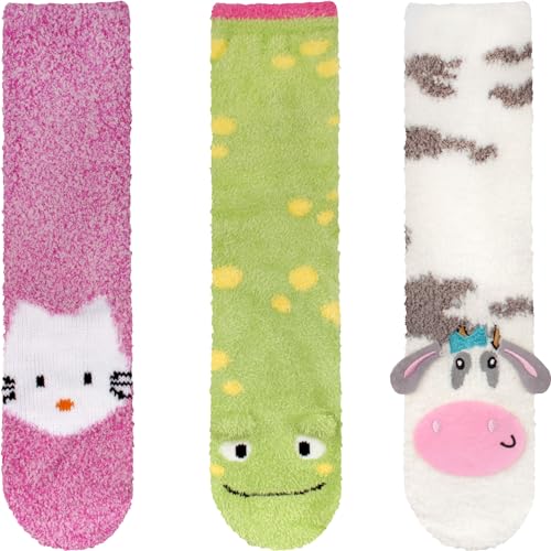 Image of BambooMN Super Soft Warm Cute Animal Face Non-Slip Fuzzy Crew Winter Home Socks, Value Pack