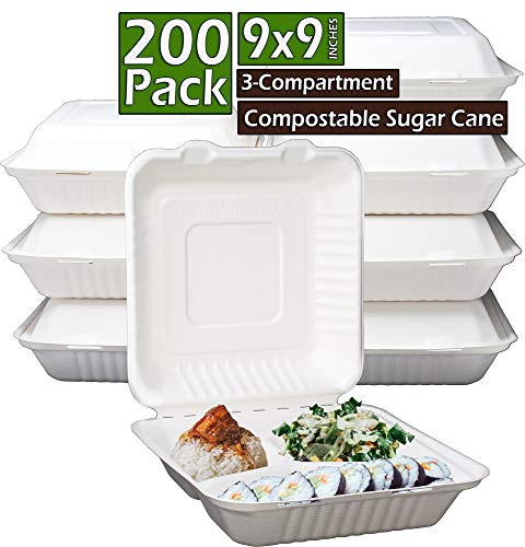 Green Earth 9-inch, 200-Count, 3-Compartment, Compostable Clamshell, Natural Bagasse (Sugarcane Fiber), Take-Out/to-Go Food Boxes - Biodegradable Containers, Hinged Lid - Microwave-Safe - Gluten-Free