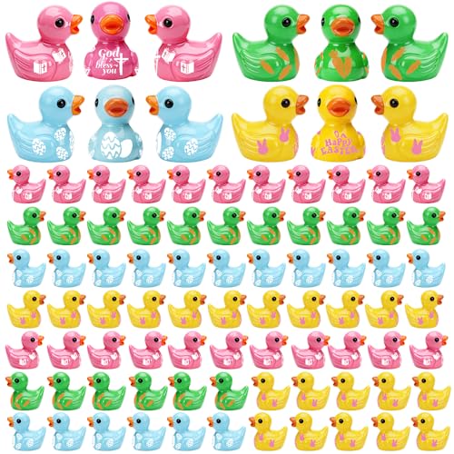 AWEELON100Pcs Mini Easter Resin Ducks Bulk Tiny Duck Figurines Multicolor Mini Ducks Miniature for Garden Landscape Dollhouse Ornament for Easter Day Birthday Ornaments（4 Color）