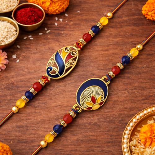 Image of Riddhika Ventures Stylish Kundan and AD Ring Rakhi (Set of 2) with Roli Chawal and Greeting Card || Raksha Bandhan Traditional Festive Gift Pack For Bhaiya Bhabhi