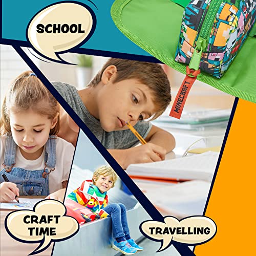 Minecraft Pencil Case for Boys and Girls, Kids Gamer School Supplies Multi Compartments with Detachable Zippered Pen Pouch 2 in 1