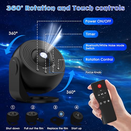 Image of Galaxy Projector for Bedroom Pro Version, HD 12 in 1 Film Discs Star Projector with Bluetooth Galaxy Light, Planetarium Projector with Timer, White Noise, 360 Rotation, Remote Control,Black