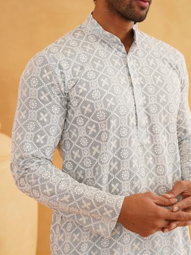 Image of SOJANYA (Since 1958 Men's Cotton Gold Sequence Embroidered Kurta with white Churidaar Pyjama