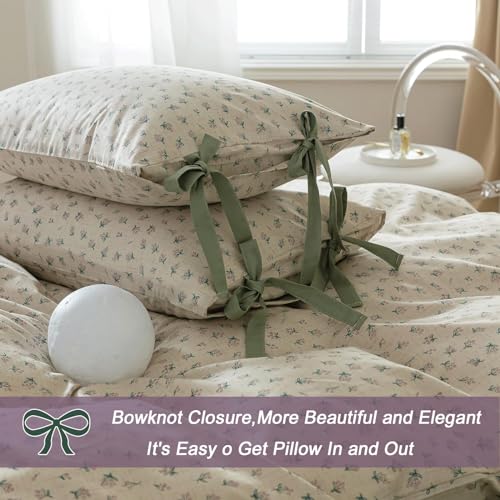 VM VOUGEMARKET Purple Blossom Duvet Cover Set Full Beige Duvet Cover with 2 Bowknot Pillowcases Vintage Flower Bedding Set for College Dorm