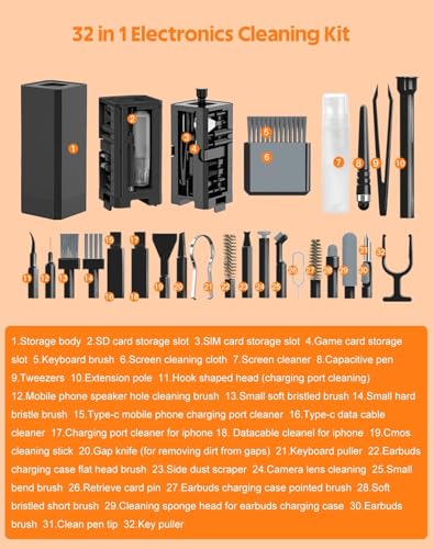 Image of 32 in 1 Cleaning Tool Kit with Screen Cleaner, Spray Bottle, Tweezer, Brush, SIM Tool & Key Puller| Multi Device Cleaner for PC, Laptop, iPhone, iPad, Airpods, Camera & Keyboard (Black)