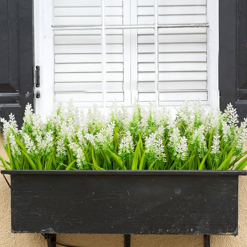 Image of Bassion 24 Bundles Artificial Flowers for Outdoors Fake Lavender, White | UV resistant, plastic faux lavender with monkey grass, outside planter window box garden patio front porch home decor