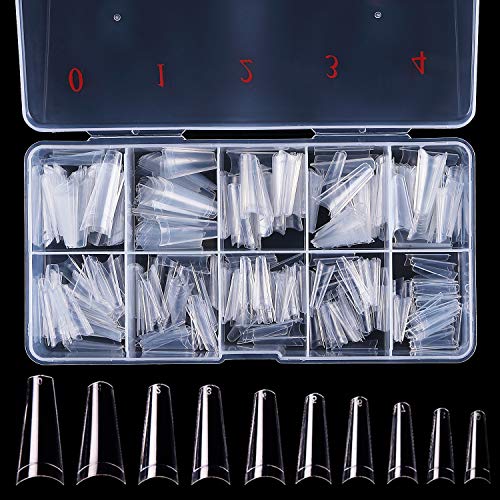 500PCS Clear Coffin Acrylic Nails, Half Cover Nails Coffin Shaped Ballerina Nails Tips Long Acrylic False Fake Nail Artificial with Case for Nail Salons and DIY Nail Art at Home 10 Sizes