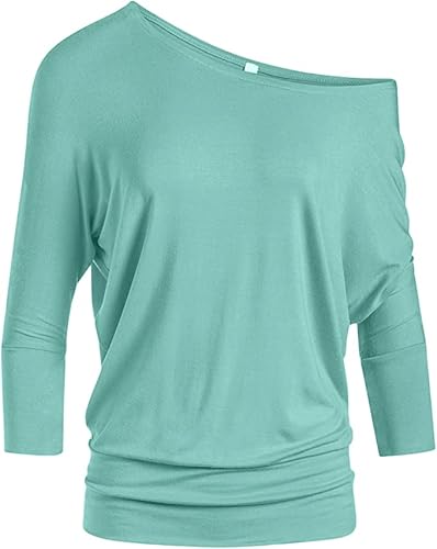 Womens Jersey Off The Shoulder Sweater Top Round Scoop Neck,Teal,Medium #TOP2