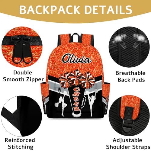 Custom Cheer Backpack for Women Cheerleaders, Personalized Waterproof Casual Daypack Bag with Name for Camping Hiking, Orange Glitter Shoulder Bag2