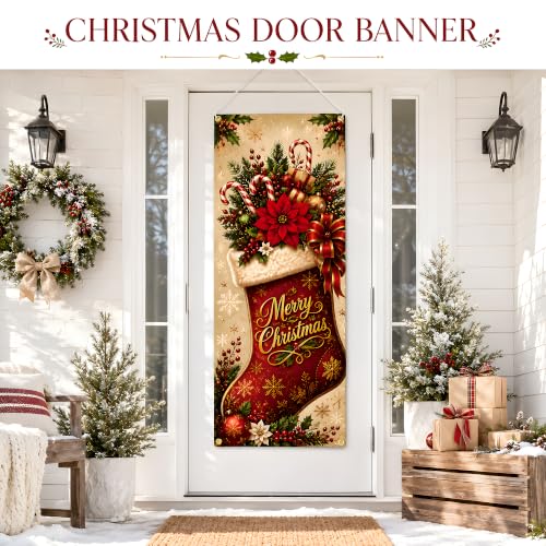Image of Christmas Decorations - Merry Christmas Stocking Candy Cane Door Cover