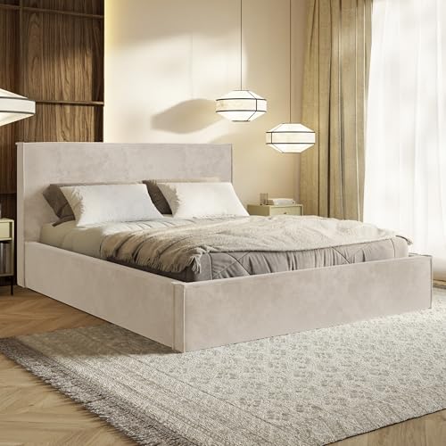 MOTIVENA Boho Bett 200x200 Beige Samt, mit Stauraum, mit Kopfteil, mit Lattenrost, ohne Füße, ohne Matratze, Polsterbett 200x200 mit Bettkasten Beige (Creme)