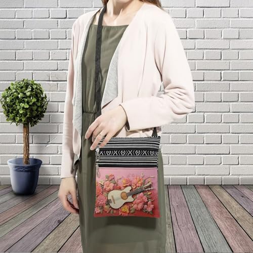Floral White Guitar Messenger Bag Small Ethnic Pattern Printed Adjustable Strap Crossbody Zipper Bag Floral White Guitar Phone Bag Wallet Cute Shoulder Handbag for Women3