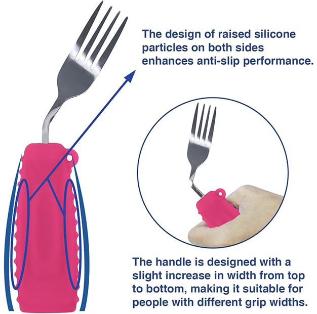 Image of Adaptive Utensils Angled Spoon and Fork for Hand Tremors Parkinsons,Weighted Utensils with Non-Slip Easy Grip Handles for Independent Eating (1pcs Spoon+1pcs Fork=2 pcs,Pink,Left Hand)