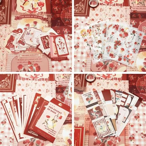 Image of VIBEVISTA Vintage Aesthetic Scrapbook Kit, 346 Pcs, A6 Grid Notebook, Washi , Envelopes, Scrapbook Papers, Folding Labels, Background Papers, Photo Frames, Calendar Stickers, Stickers (The Words of the Rose, Rose)