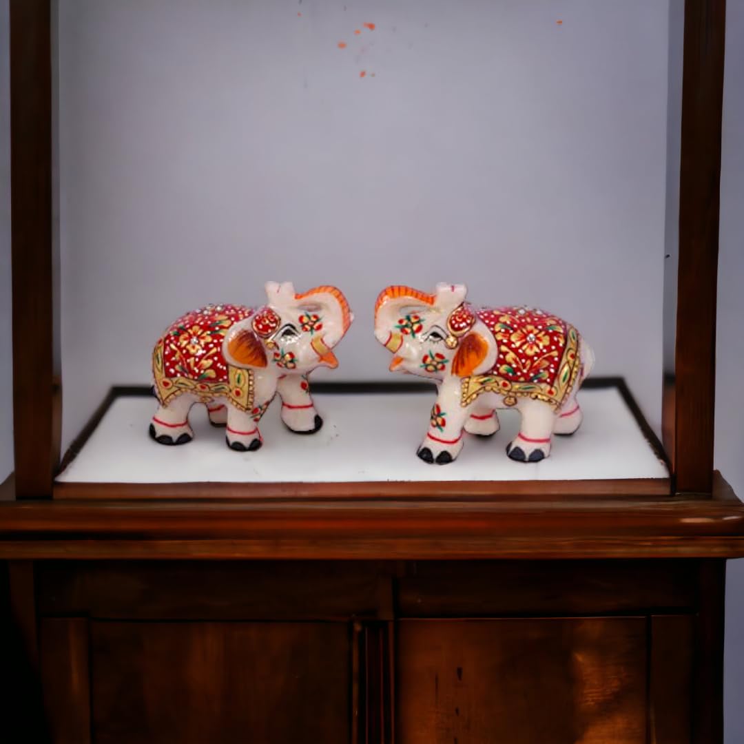 Jain Handicrafts Set of Two Piece Stone Sculptures Elephant Pair for Showpiece and Decoration with Latest Pearl Design - (12 inches)