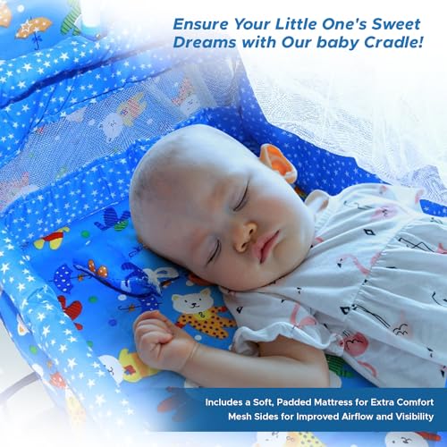 Image of BUBBLEBABY Baby Cradle | Jhula | Baggi | Palna | Ghodiyu | Ventilated | with Swing & Mosquito Net | 0-12 Months | Four Wheels with Brake | Storage | Polypropylene | Safe & Sturdy | Foldable | Blue