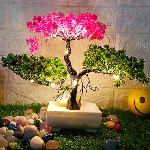 Image of Artificial LED Bonsai Tree with Lush Colorful Foliage in Elegant Plastic Pot | Artificial Plants with Pot | Fake Bonsai | Home Decor Items (Pink-Green, 24cm)
