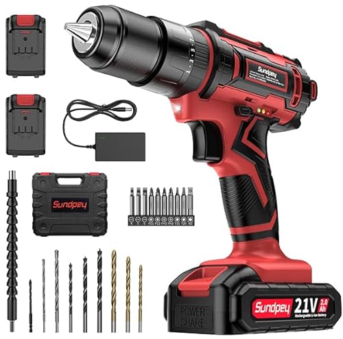 Akkuschrauber Set 21V Akku Bohrschrauber, Sundpey 45N.m Max Akkubohrer klein mit 2 Akkus 2.0Ah, 25+3 Drehmomentstufen, 2 Gang, 10mm Bohrfutter, Schlagbohrfunktion, Ideal für Hausreparatur und DIY