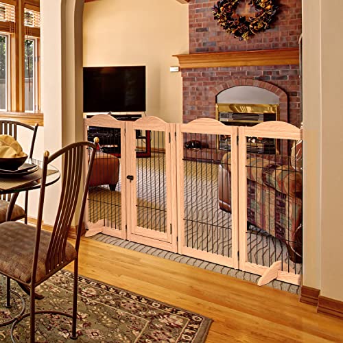 Arf Pets Dog Gate with Walk Through Door, 4 Panel 360° configurable Freestanding Wooden Wire Fence, 80\" Wide, 31.5\" Tall, Foldable, Support Feet Included, for The House - Indoor Use - Thumbnail 5