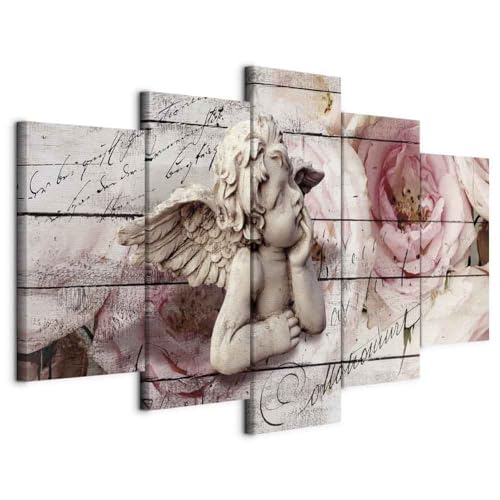 B&D XXL - Quadro Cupido Design 150x75 cm 5 Pezzi - Stampa su Tela Grande - Quadri Moderni Componibili Camera da Letto Matrimoniale - Stampe da Parete Arte - Angelo e Rosa Vintage b-C-0051-b-m