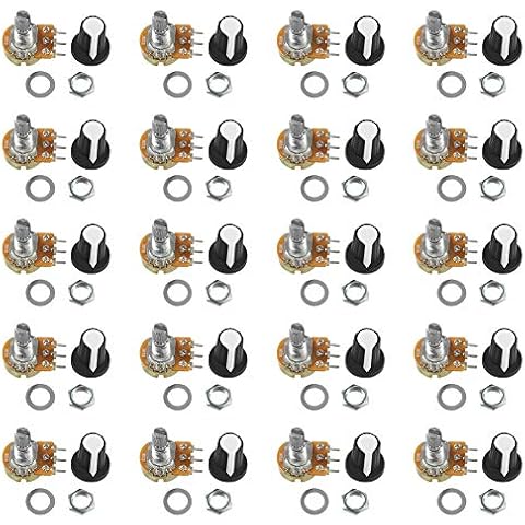 Aokin 20PCS B10K 10K Rotary Taper Potentiometer with Black Knob(WH148) Audio Kit, Variable Resistors Single Turn Potentiometer Cover