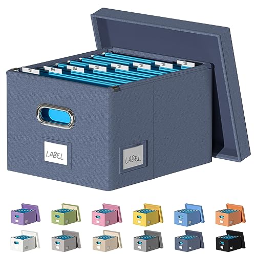 DYWMM File Organizer Collapsible Storage Box for Office File Box with Lids Document Organizer for Office and Home Easy Slide Durable Hanging File Box (Navy Blue)