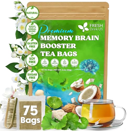 Image of FreshDrinkUS, Memory Brain Booster Tea Bags | 75 Count | Ginkgo Biloba, Gotu Kola, Lion's Mane Mushroom, MCT Coconut Oil | Herbal Blend Tea Bags | Naturally Flavorful, No Additives, Caffeine-Free