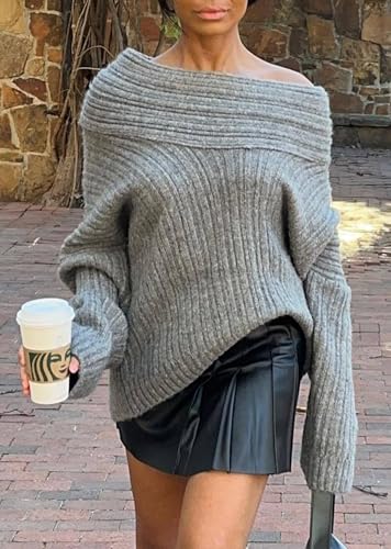 NRTHYE Women Off The Shoulder Sweater Top Long Sleeve Ribbed Knit Chunky Slouchy Asymmetrical Pullover Sweaters2