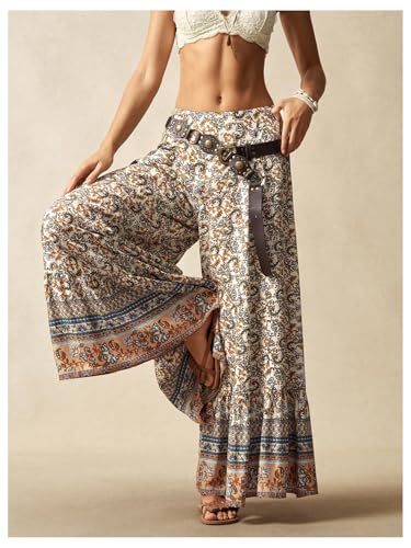 Women's Boho Hippie Palazzo Pants Ruffle Hem Flowy Pant Elastic Waist Wide Leg Summer Vacation Trousers3